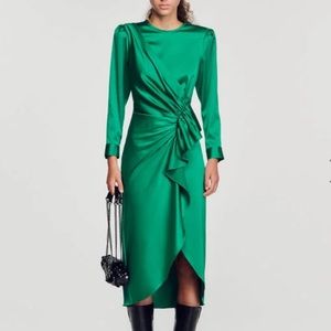 Sandro Ruffled Satin Midi Dress Green Party Cocktail 34
